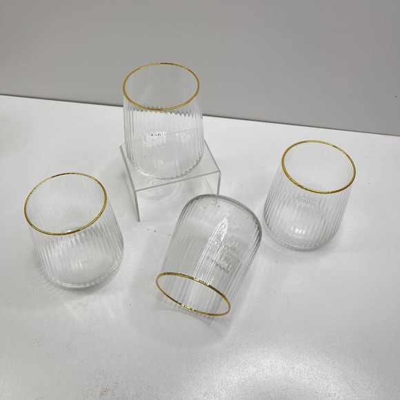 Anthropoligie Clear Ribbed Glasses with Gold Trim. Simply Stunning! - Picture 1 of 7